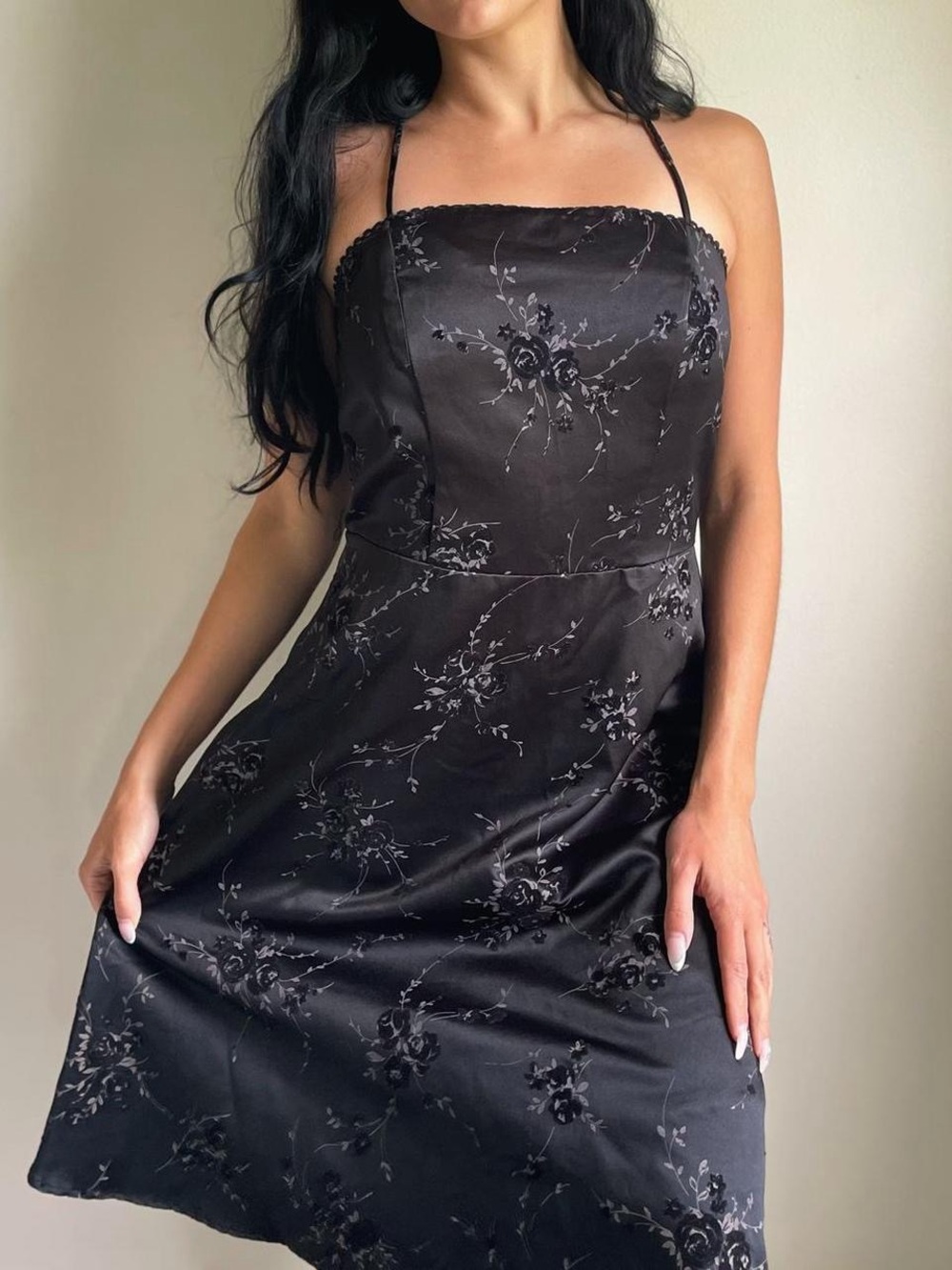 Byer Too! Vintage Black Floral Satin Midi Dress